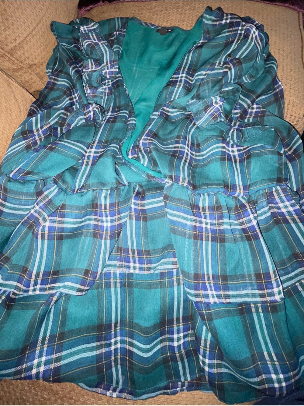 Torrid Teal and Navy Plaid Ruffle top